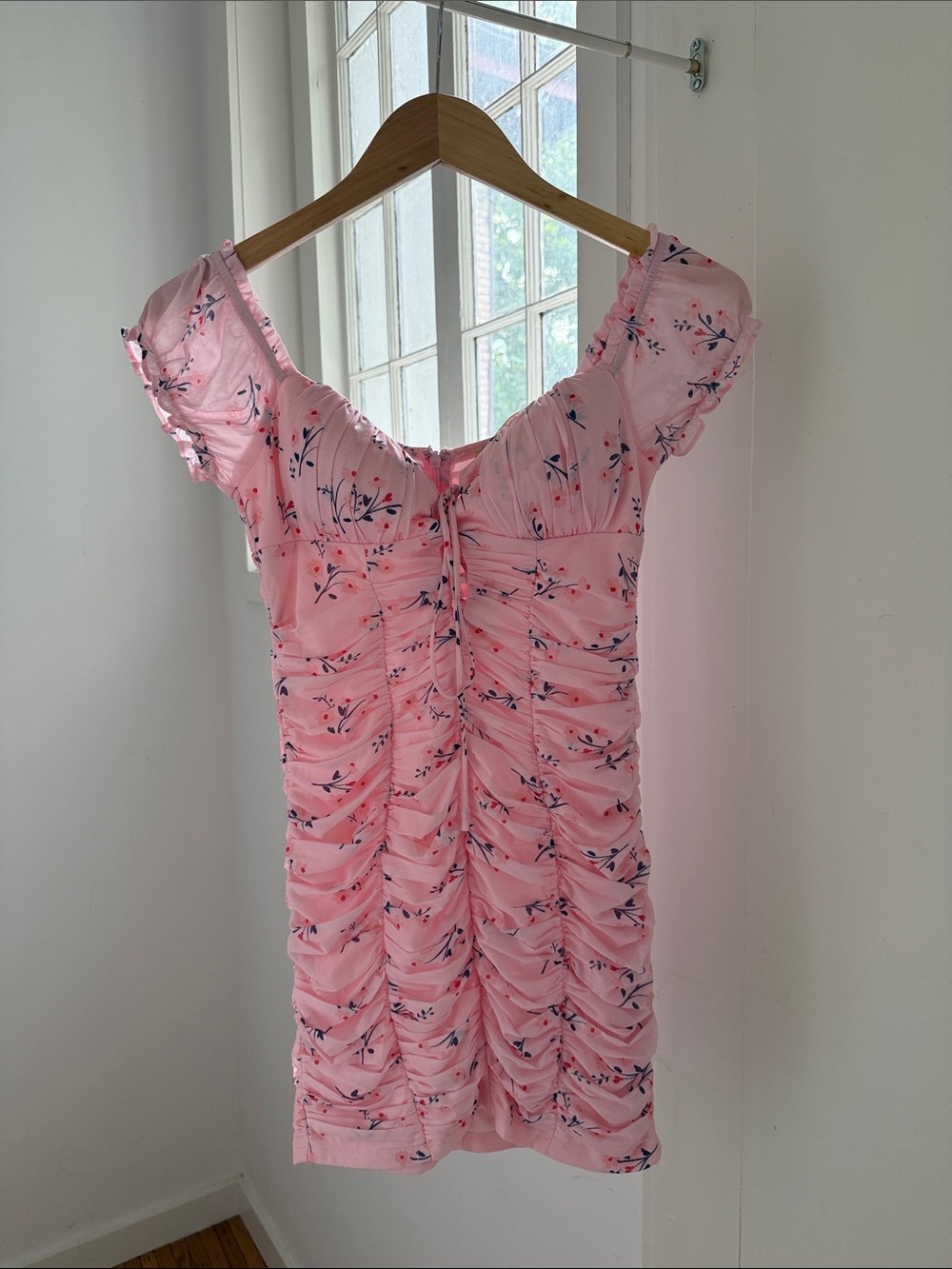 Pink Floral Ruched Mini Dress